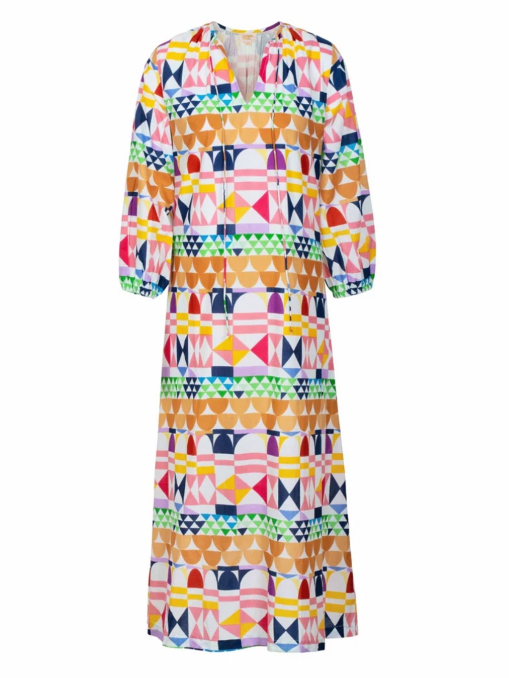 Sunshine Tienda Colorful Geometric Print V-Neck Cotton 3/4 Sleeve Maxi Dress